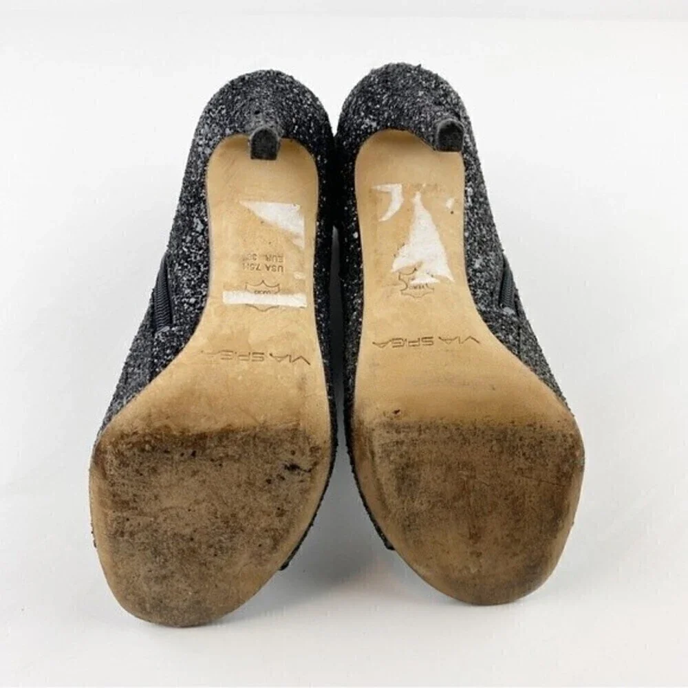 Via Spiga Tarni Black Glitter High Heel Peep Toe Booties Size 7.5 - Picture 12 of 13